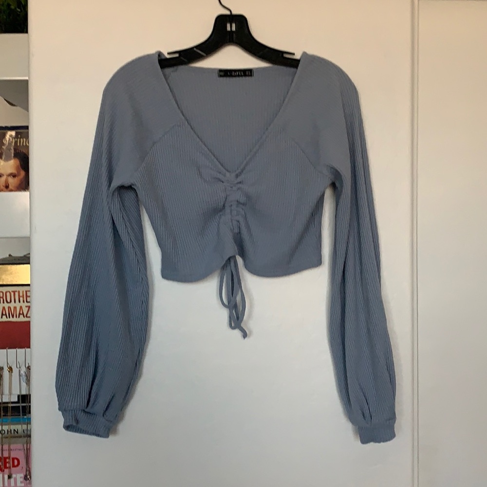ZAFUL BLUE CROP TOP WITH ADJUSTABLE TIE AND PUFFY SLEEVE: NAME YOUR PRICE